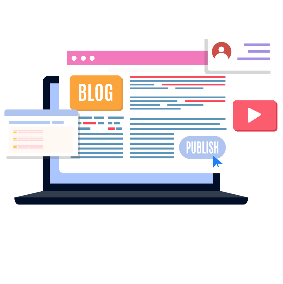 Content marketing illustration showing blog creation and digital content strategy