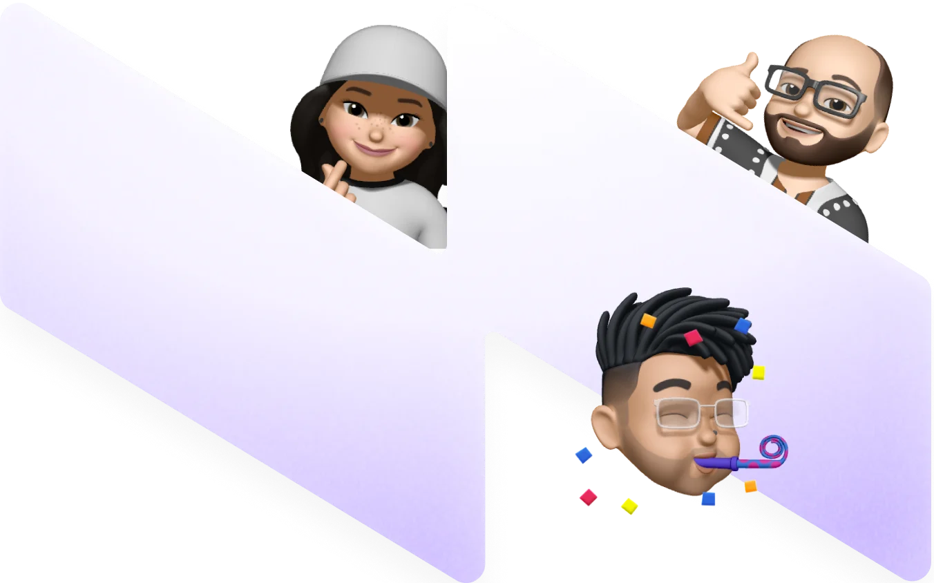 Three illustrated avatars with abstract purple background representing marketing team