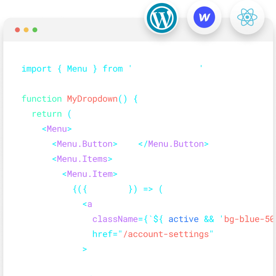 Website development illustration with WordPress logo and coding interface