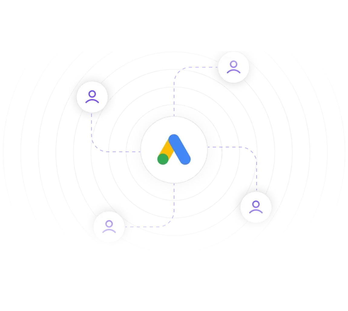Illustration of Google Ads logo with audience targeting icons for PPC advertising