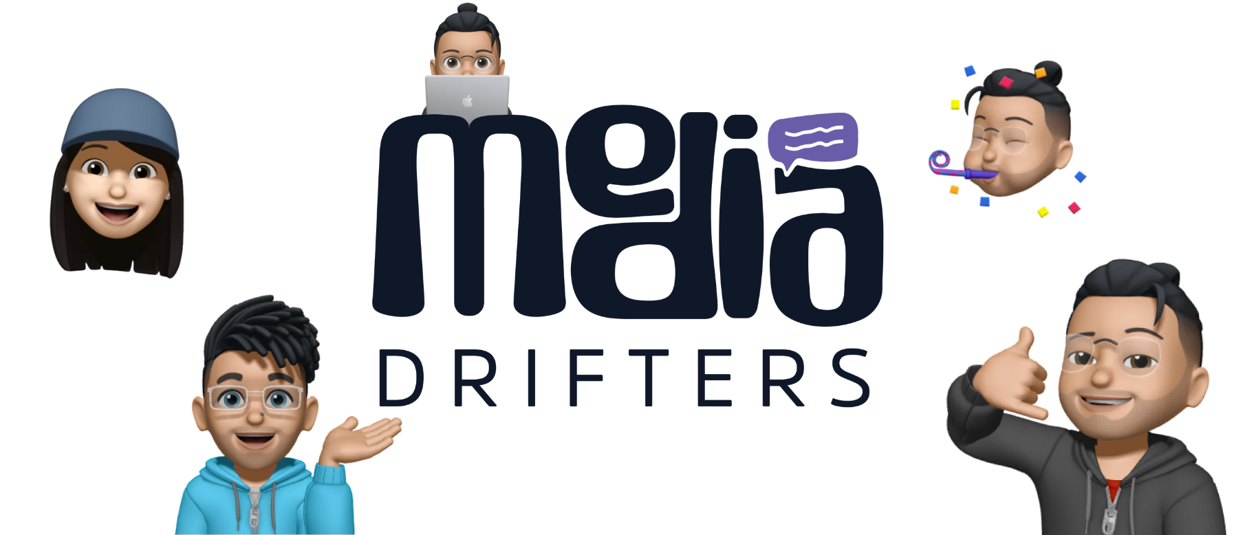 Media Drifters logo surrounded by illustrated team avatars representing creative team members